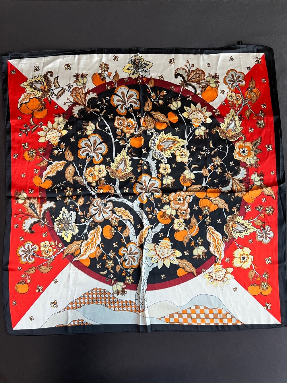 Floral Silk-Feel Polyester Square Scarf in Black, Red & Orange